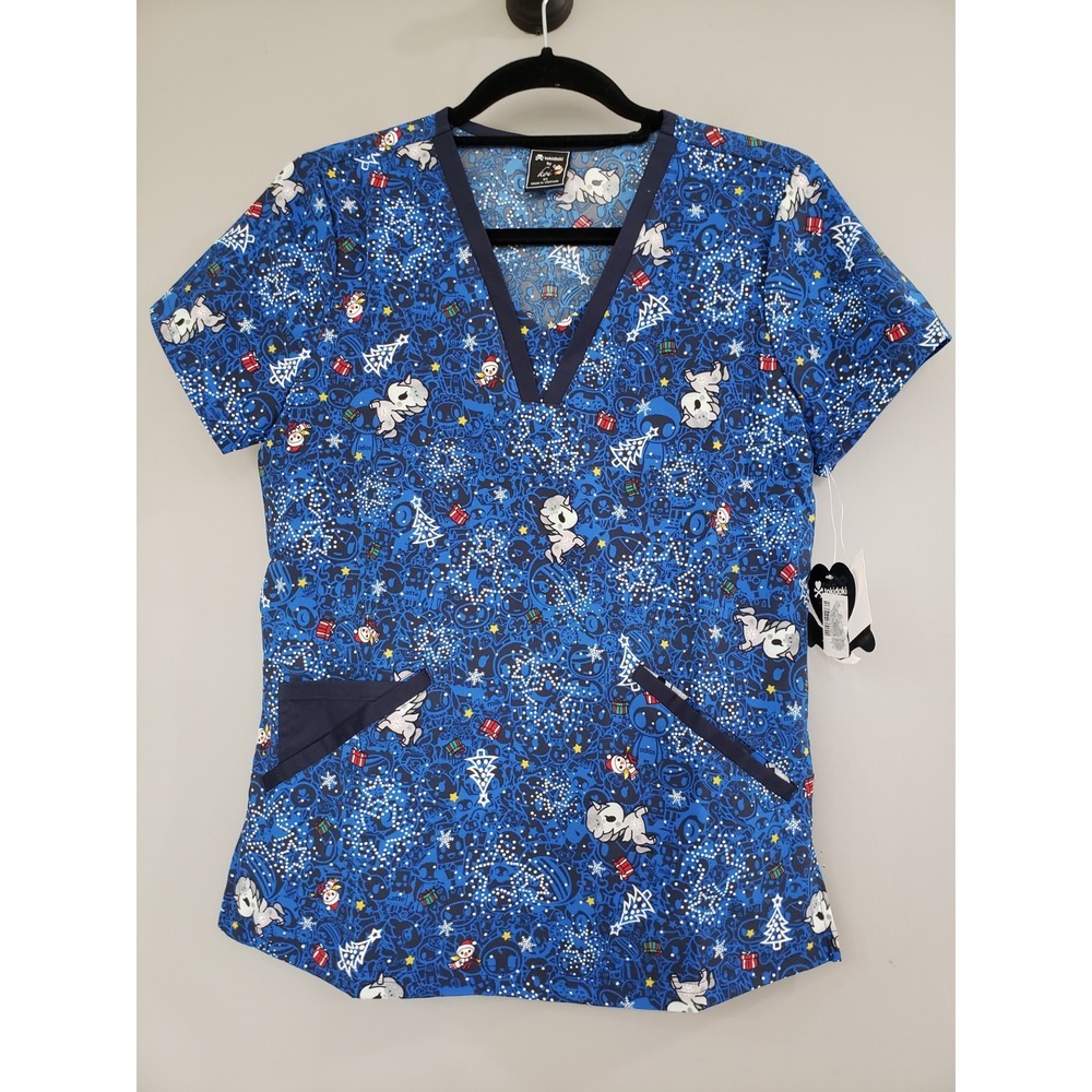 NEW Womens Koi Tokidoki Scrub Top XS Blue Christmas Holiday Anime Shirt Unicorn